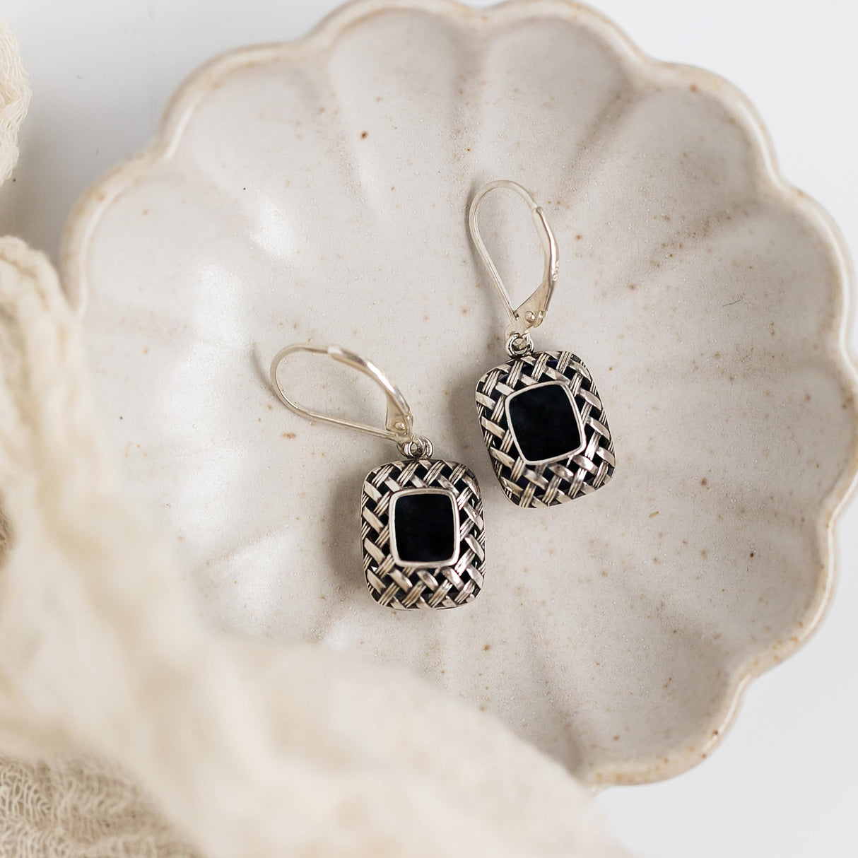 Bottled Up Designs Handmade Vintage Quilted Square Leverback Earrings, Sterling Silver, Eco Friendly, Made in USA, Birthday Gifts, Mothers Day, Women (Cobalt)