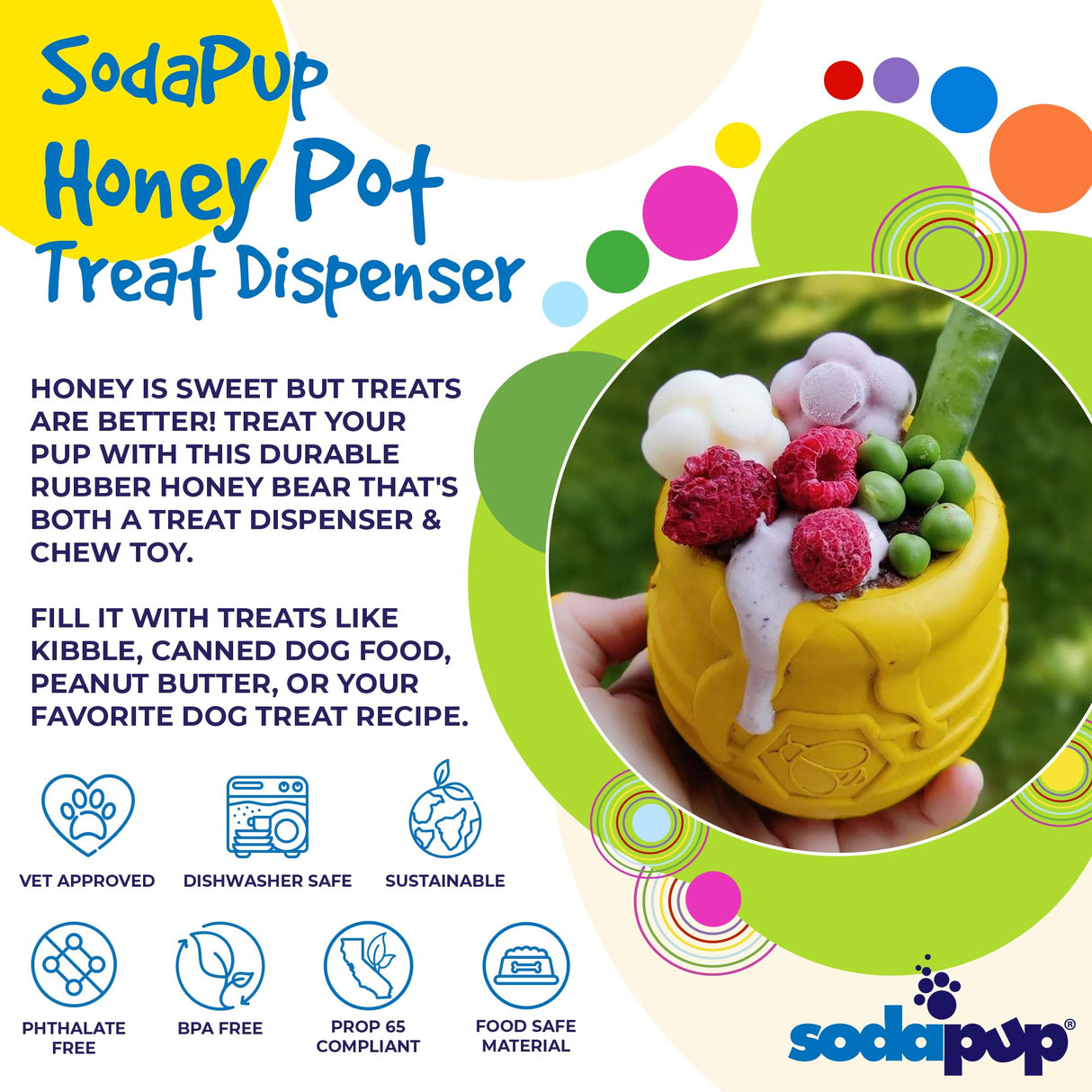 SodaPup Honey Pot – Durable Dog Treat Dispenser & Enrichment Toy Made in USA from Non-Toxic, Pet Safe, Food Safe Natural Rubber Material for Mental Stimulation, Problem Chewing, Calming Nerves, & More