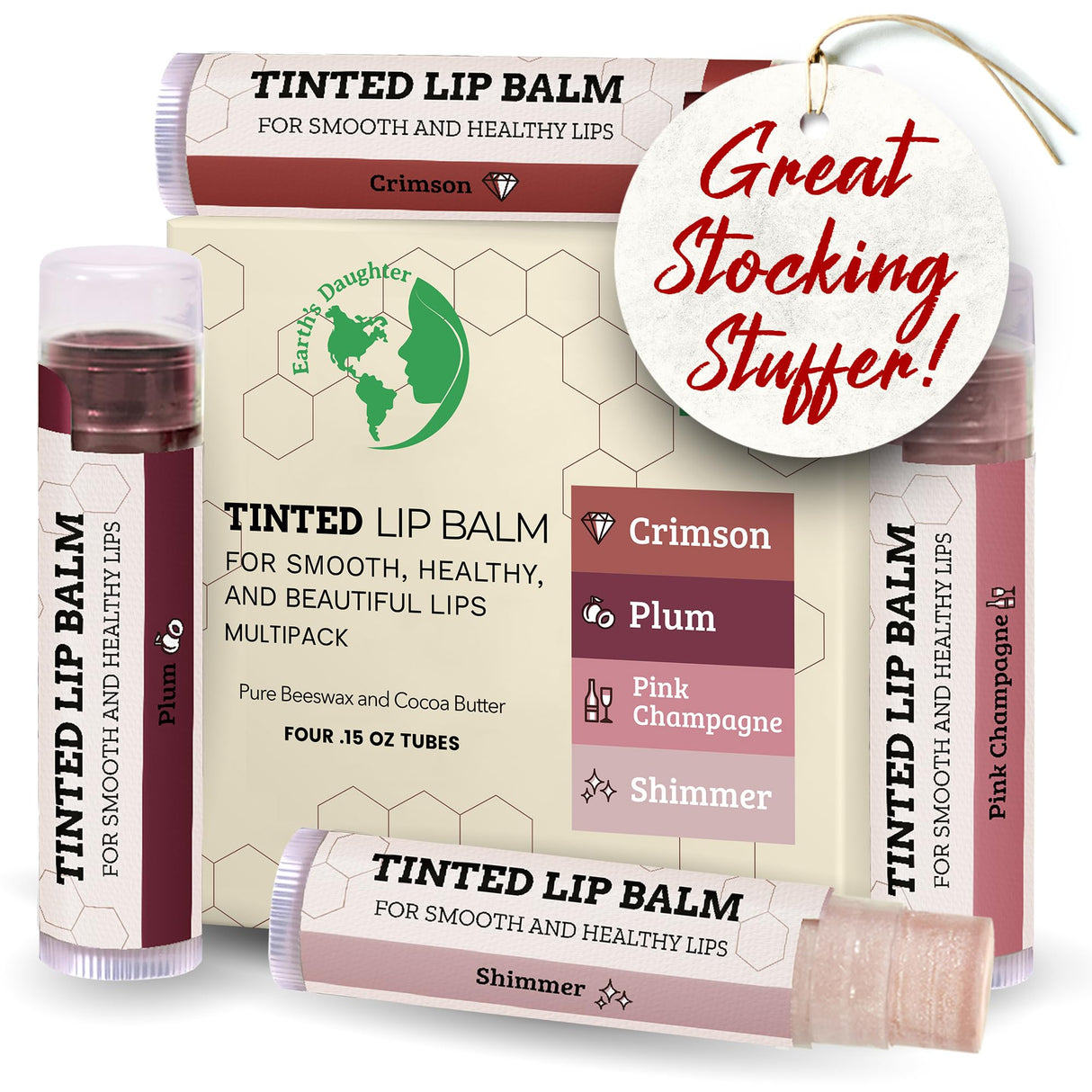 USDA Organic Lip Balm 6-Pack by Earth's Daughter Stocking Stuffers - Fruit Flavors, Beeswax, Coconut Oil, Vitamin E - Best Lip Repair Chapstick for Dry Cracked Lips - Moisturizing Lip Care