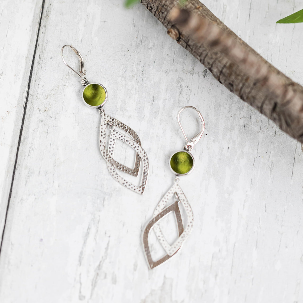 Bottled Up Designs Handmade Recycled Antique Glass and Sterling Silver Cascade Earrings (Olive Wine Bottle)