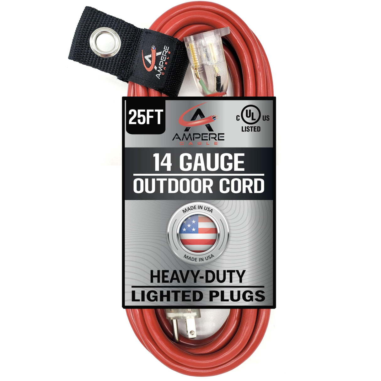 50 ft - 14 Gauge Extension Cord Outdoor - Made in USA - Lighted on Both Ends - Red Outdoor Extension Cord Waterproof by Anthem Cable - Heavy Duty Extension Cord 50 ft 15 Amp Extension Cord