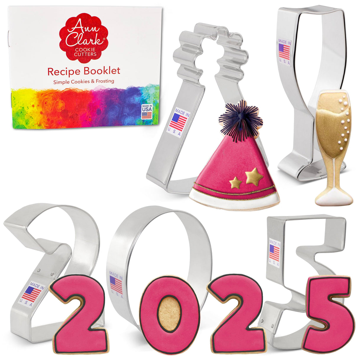 New Year's Eve 2025 Cookie Cutters 5-Pc. Set Made in USA by Ann Clark, Party Hat, Champagne Glass, Numbers 2, 0, 5
