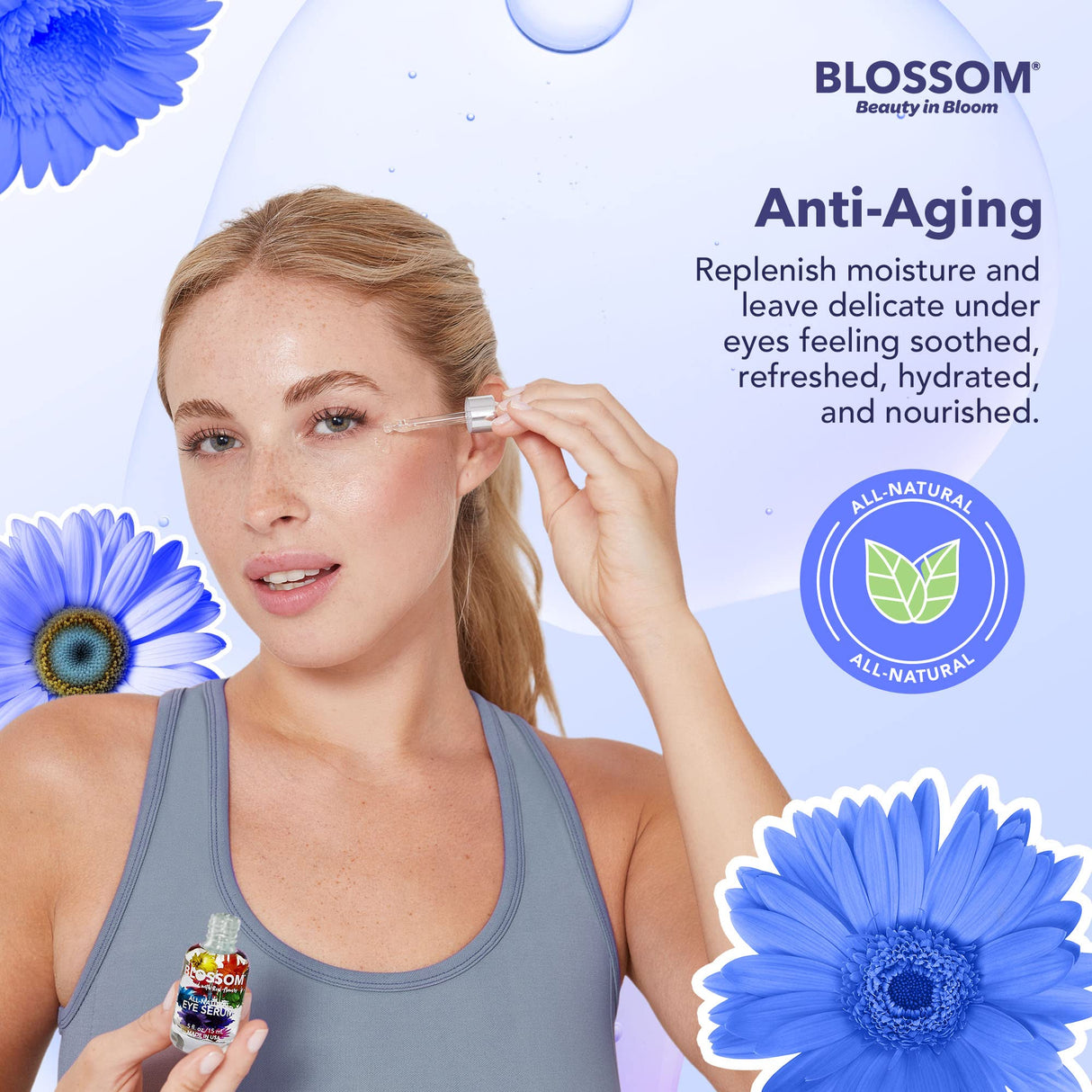 Blossom All Natural Eye Serum with Essential Oils, Organic Cruelty Free Moisturizing, Infused with Real Flowers, Made in USA, 0.5 fl. oz., Spring Bouquet