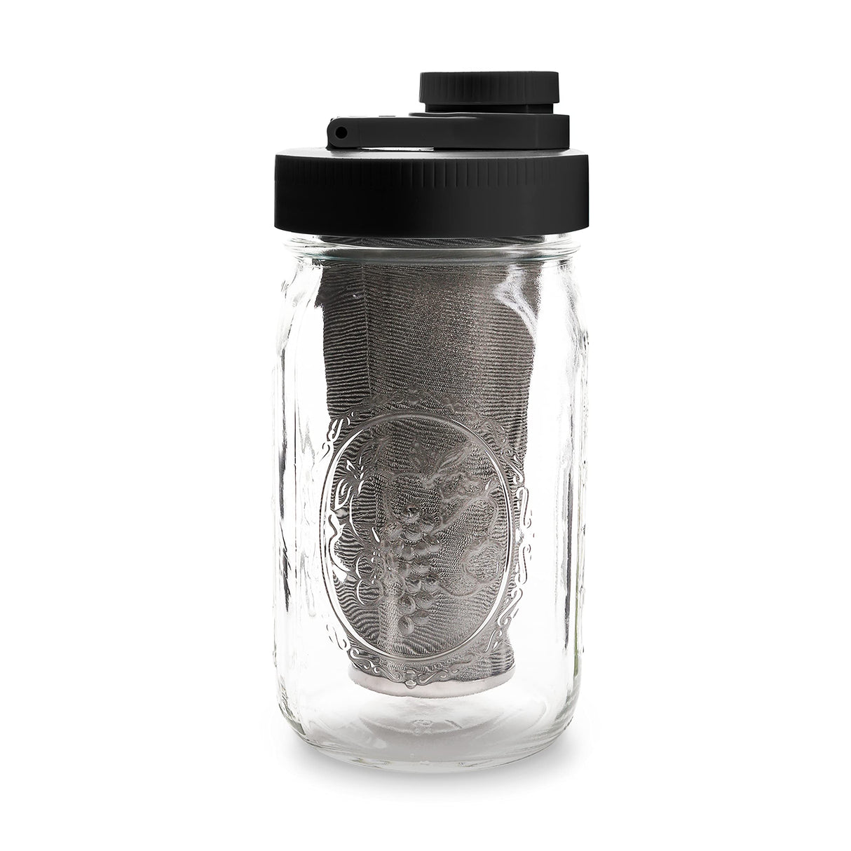 Brewing America Mason Jar Cold Brew Coffee Maker Infuser: Made in USA Wide Mouth Mason Jar with Screw Top Pour and Drinking Lid, Stainless Steel Filter - Coffee, Tea, Alcohol - 2 Quart 64 oz Blue Lid