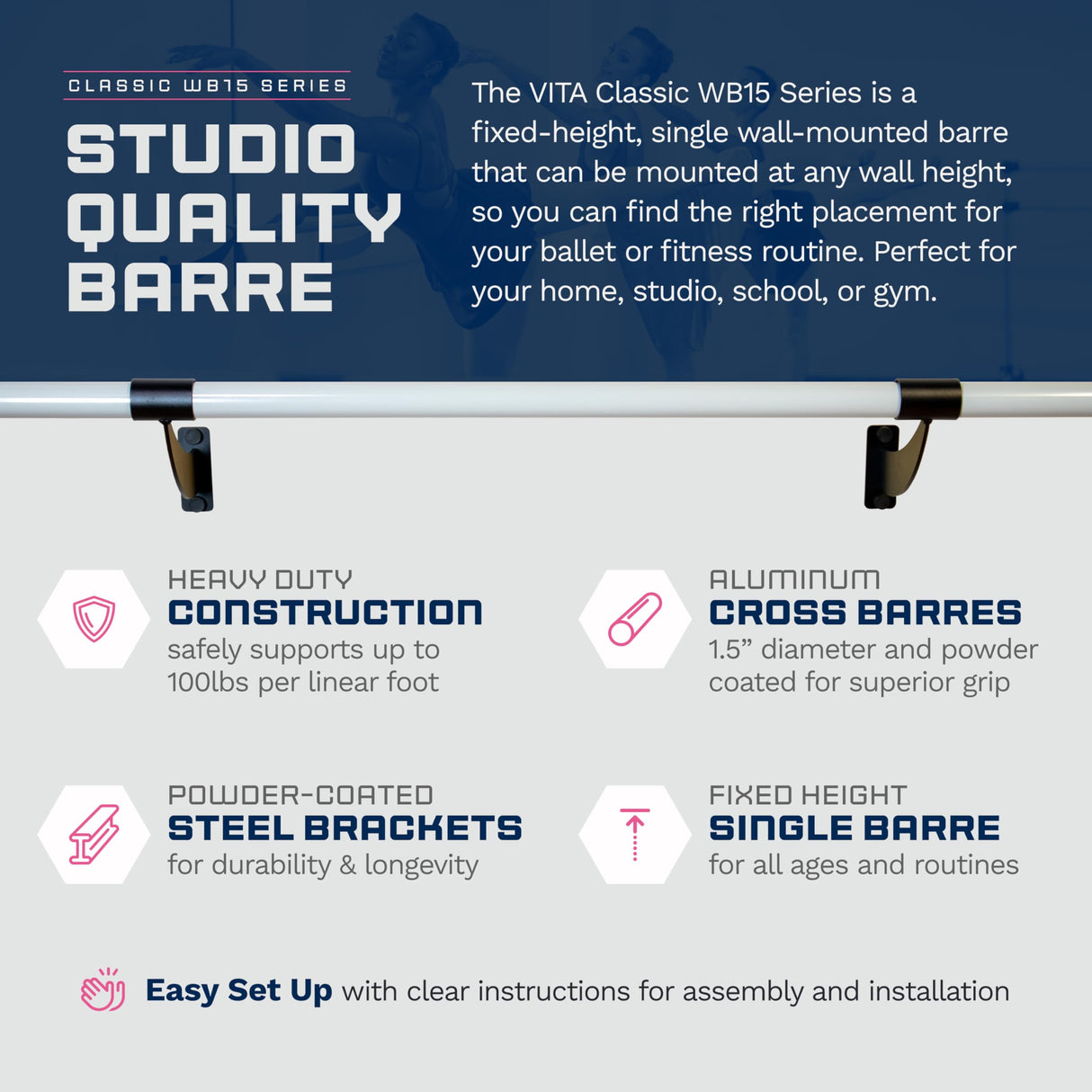 Wall-Mounted Single Ballet Barre, Classic WB15, Aluminum | Fixed Height, Made in USA, Home, Studio or Gym Exercise Equipment for Kids & Adults | Dance, Fitness, Pilates