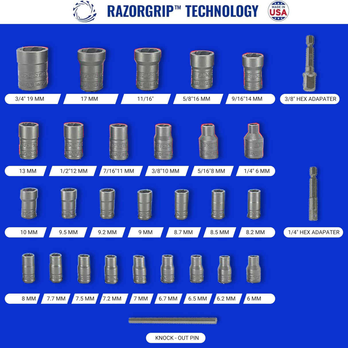 18-Piece Bolt Extractor Set | Made in USA Turbo Sockets for Stripped, Rounded, Rusted Bolts & Nuts | Impact Grade 1/4" & 3/8" Drive Lug Nut & Bolt Remover Kit | Nut Extractor Socket Set