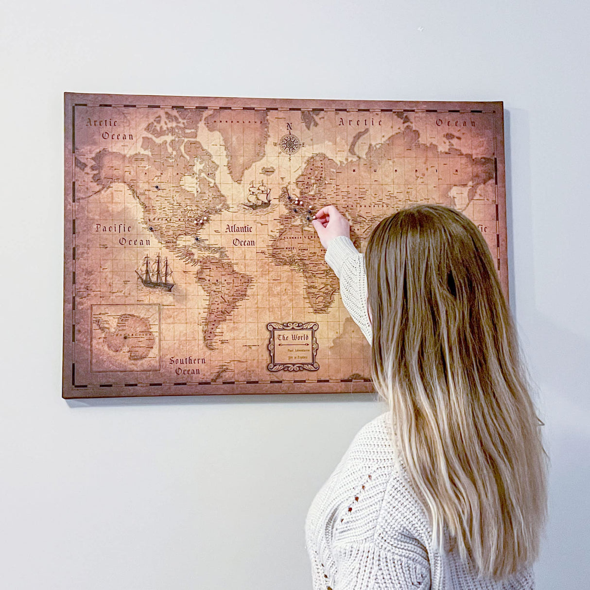Push Pin World Map Board - With Push Pins to Mark World Travel - Handmade in Ohio, USA - Design: Golden Aged (48" x 32")