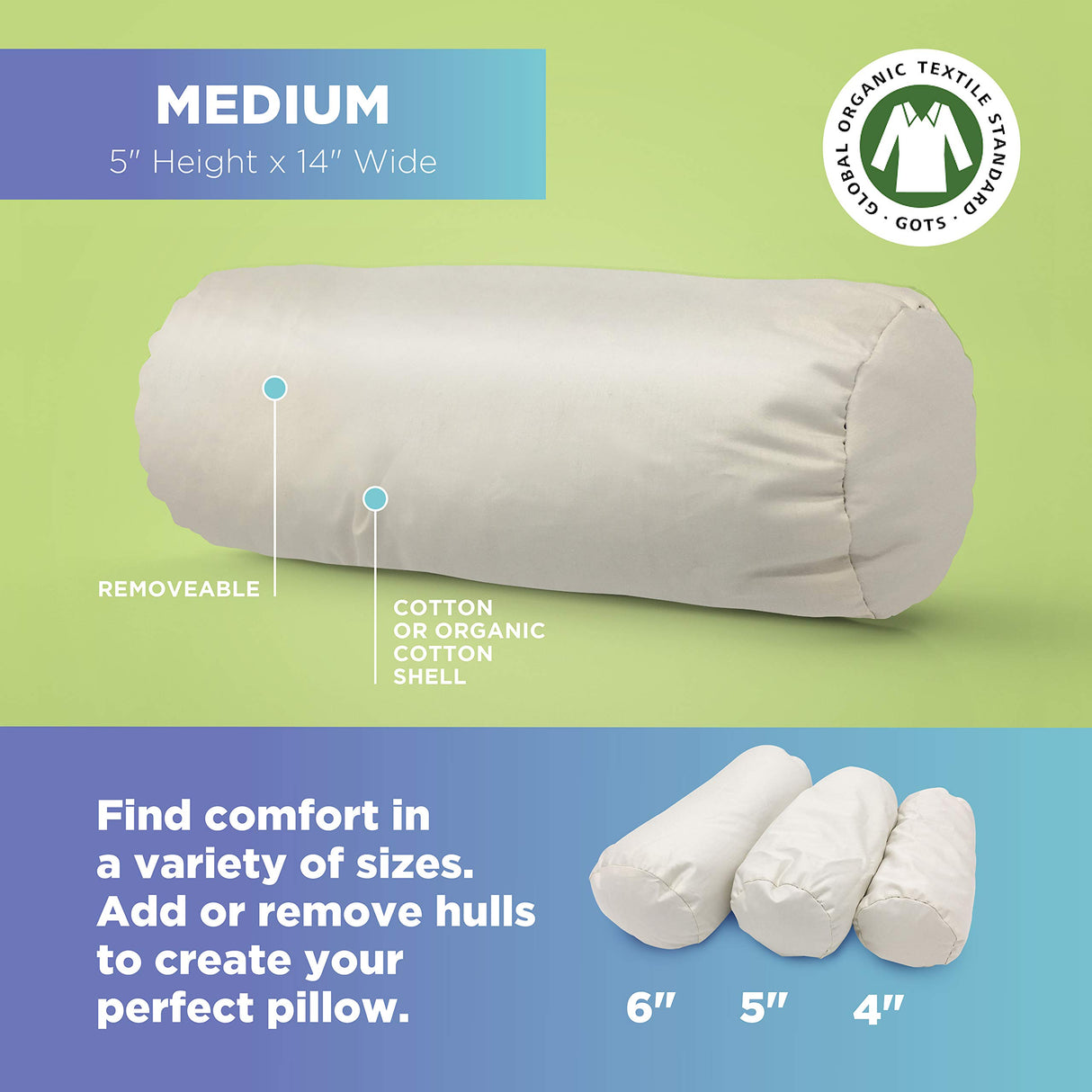 Bean Products Neck Roll Organic Kapok Pillow - 6" x 16" - Organic Cotton Zippered Shell - Made in USA
