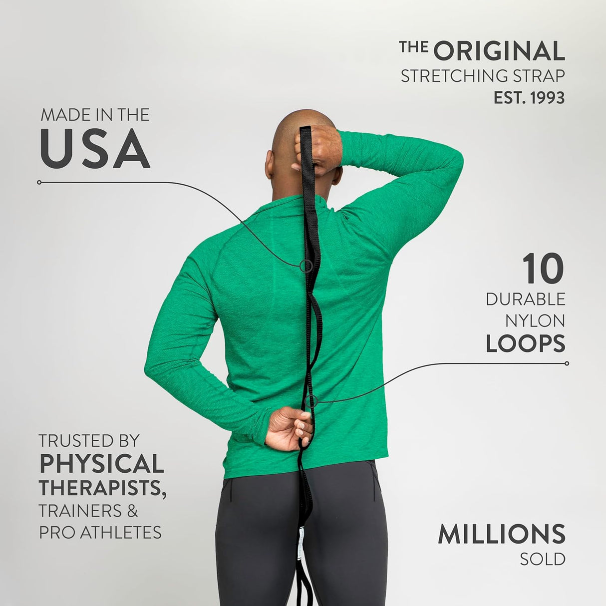 OPTP The Original Stretch Out Strap XL with Exercise Book, USA Made Stretch Out Straps for Physical Therapy, Yoga Stretching Strap or Knee Therapy Strap - Ten Loops, 7'5" Strap