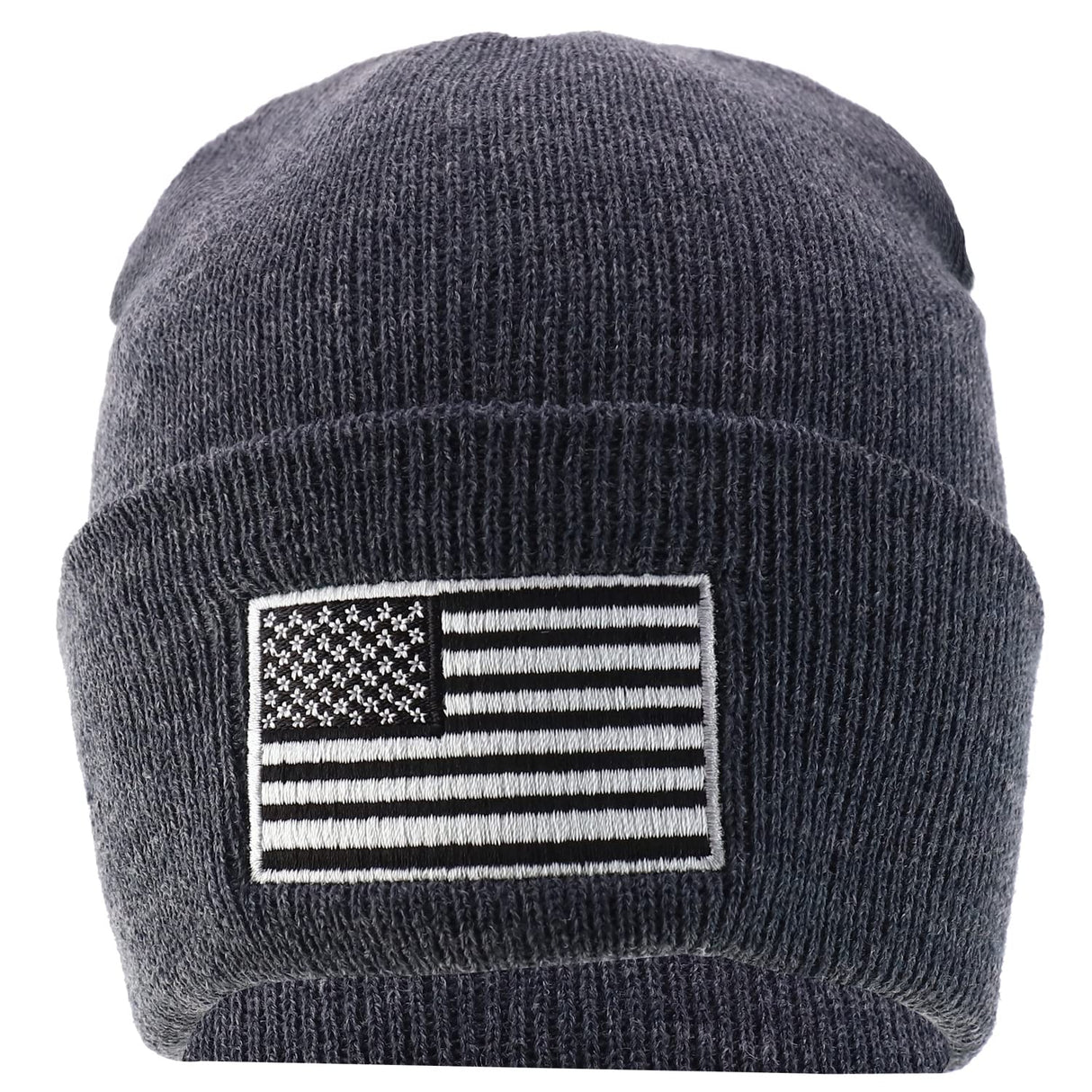 Made in USA Grey American Flag Embroidered Knit Cuff Long Beanie