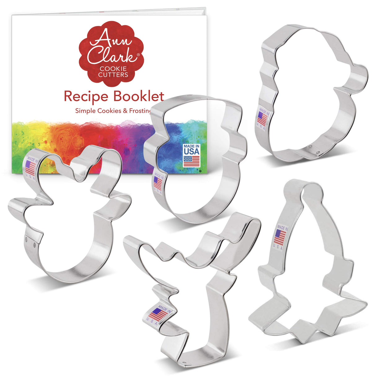 Faces of Christmas Cookie Cutters 5-Pc. Set Made in the USA by Ann Clark, Santa Face, Reindeer Faces, Snowman Face, Elf Face