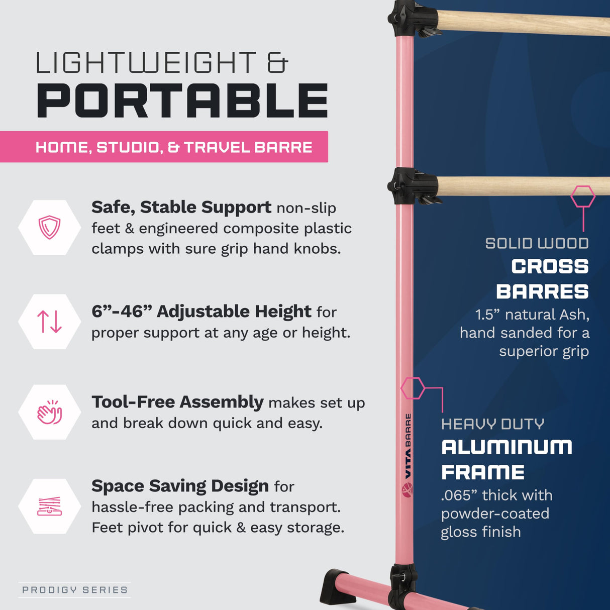 VITA Barre Portable Freestanding Double Ballet Barre, Prodigy, with Carry Bag | Adjustable Height, USA Made, Home or Gym Exercise Equipment for Kids & Adults | Dance, Fitness, Pilates