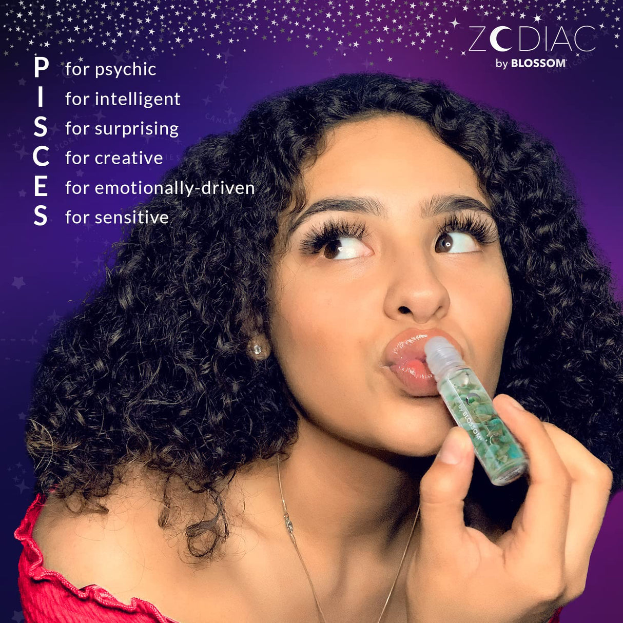 Blossom Zodiac Sign Roll-On Lip Gloss, Vanilla Scented + Moisturizing with Crystals, Made in USA, 0.20 fl. oz./5.9ml, Aquarius