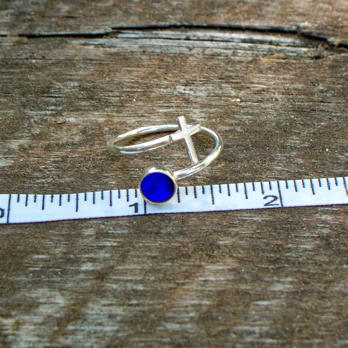 Recycled Antique Bottles and Glassware Sterling Silver At The Cross Adjustable Ring (Aqua Vintage Mason Jar)