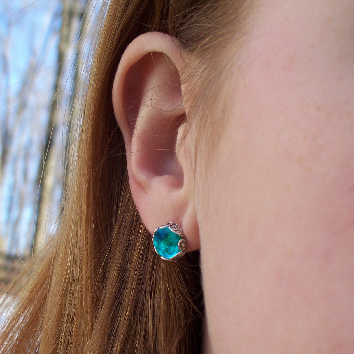 Recycled Vintage Sterling Silver Botanical Collection Stud Earrings (Mason Jar (Aqua))