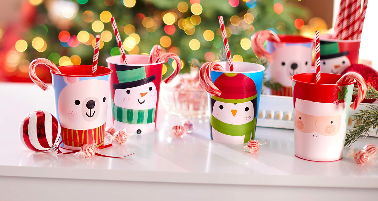 American Greetings 8-Count 16 oz. Reusable Plastic Cups, Santa and Snowman Christmas Party Supplies