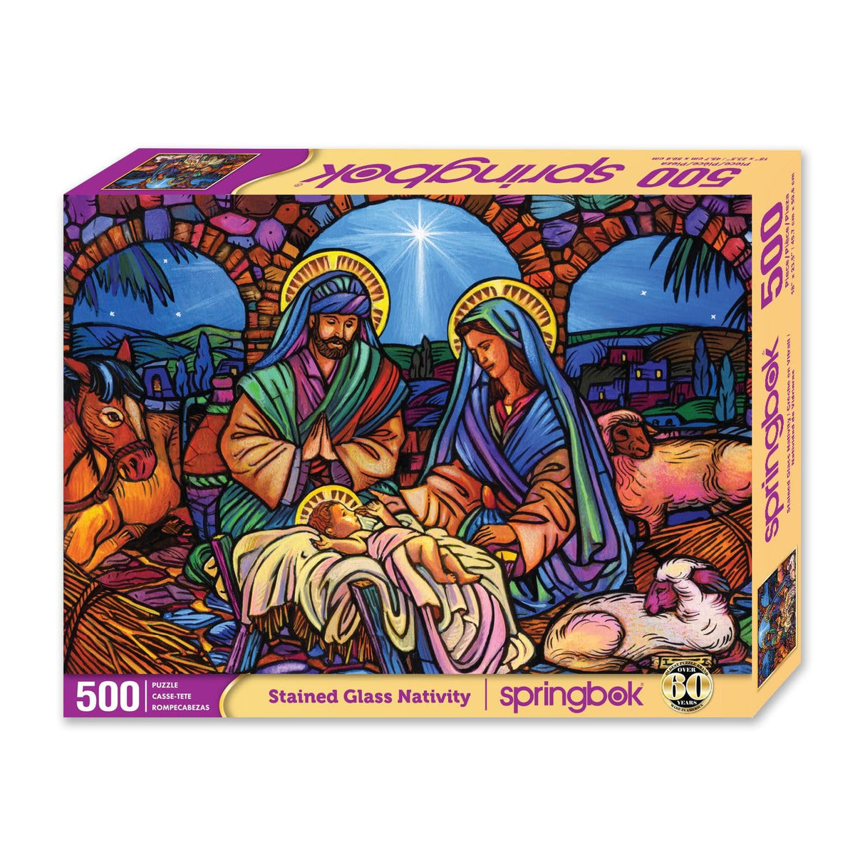 Springbok's Stained Glass Nativity 500 Piece Jigsaw Puzzle Features a Mosaic Interpretation of The Nativity by Artist Lew Johnson