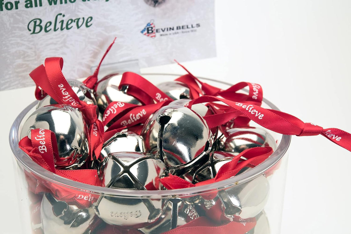 Bevin Bells Believe Sleigh Bells Ornament (3-Pack) | 1.5" Made of Steel | Hanging Bells with a Red Satin Believe Ribbon | Great Tone | Xmas Gift or Stocking Stuffer | Made in The USA