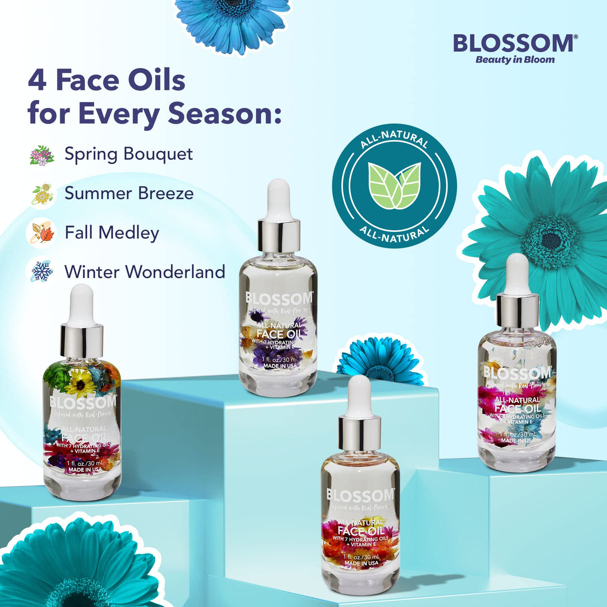 Blossom Unscented All Natural, Vegan, Cruelty Free Face Oil with Vitamin E, Infused with Real Flowers, Made in USA, 1 fl. oz., Spring Bouquet