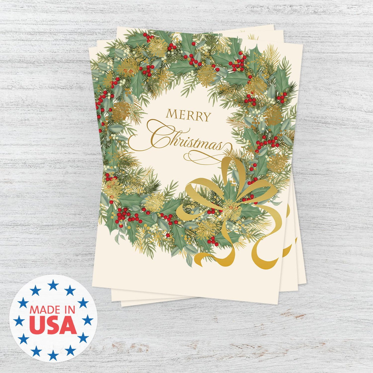 Masterpiece Sparkling Santa Christmas Cards / 16 Festive Holiday Cards Set With White Envelopes / 5 5/8" x 7 7/8" Winter Gold Foil Greeting Cards With Inside Verse/Made In The USA