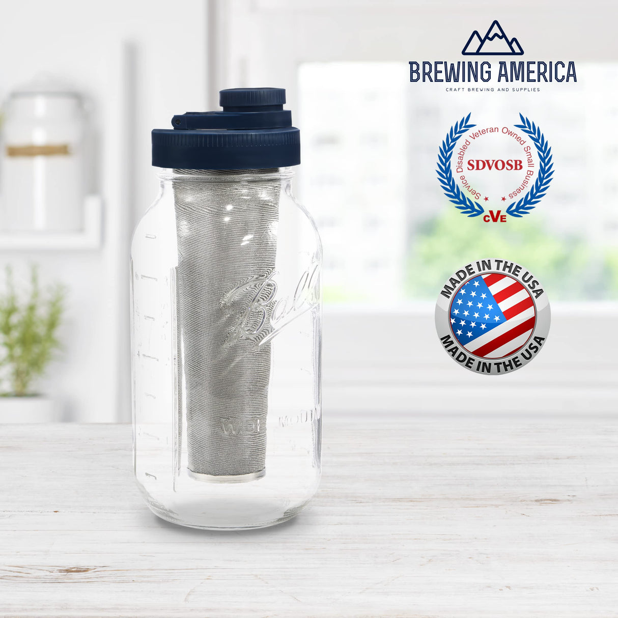 Brewing America Mason Jar Cold Brew Coffee Maker Infuser: Made in USA Wide Mouth Mason Jar with Screw Top Pour and Drinking Lid, Stainless Steel Filter - Coffee, Tea, Alcohol - 2 Quart 64 oz Blue Lid