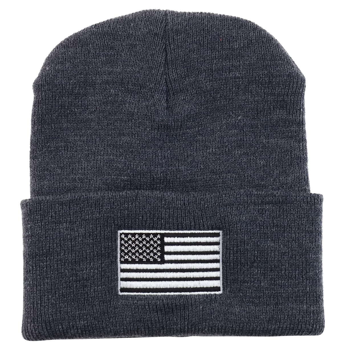 Made in USA Grey American Flag Embroidered Knit Cuff Long Beanie