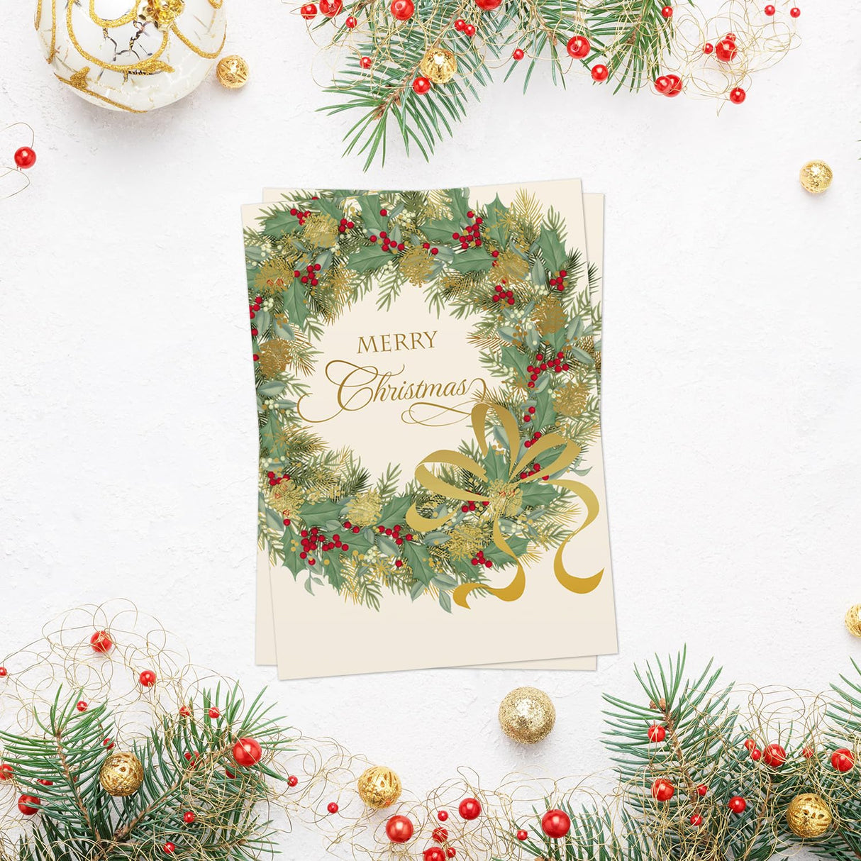 Masterpiece Sparkling Santa Christmas Cards / 16 Festive Holiday Cards Set With White Envelopes / 5 5/8" x 7 7/8" Winter Gold Foil Greeting Cards With Inside Verse/Made In The USA