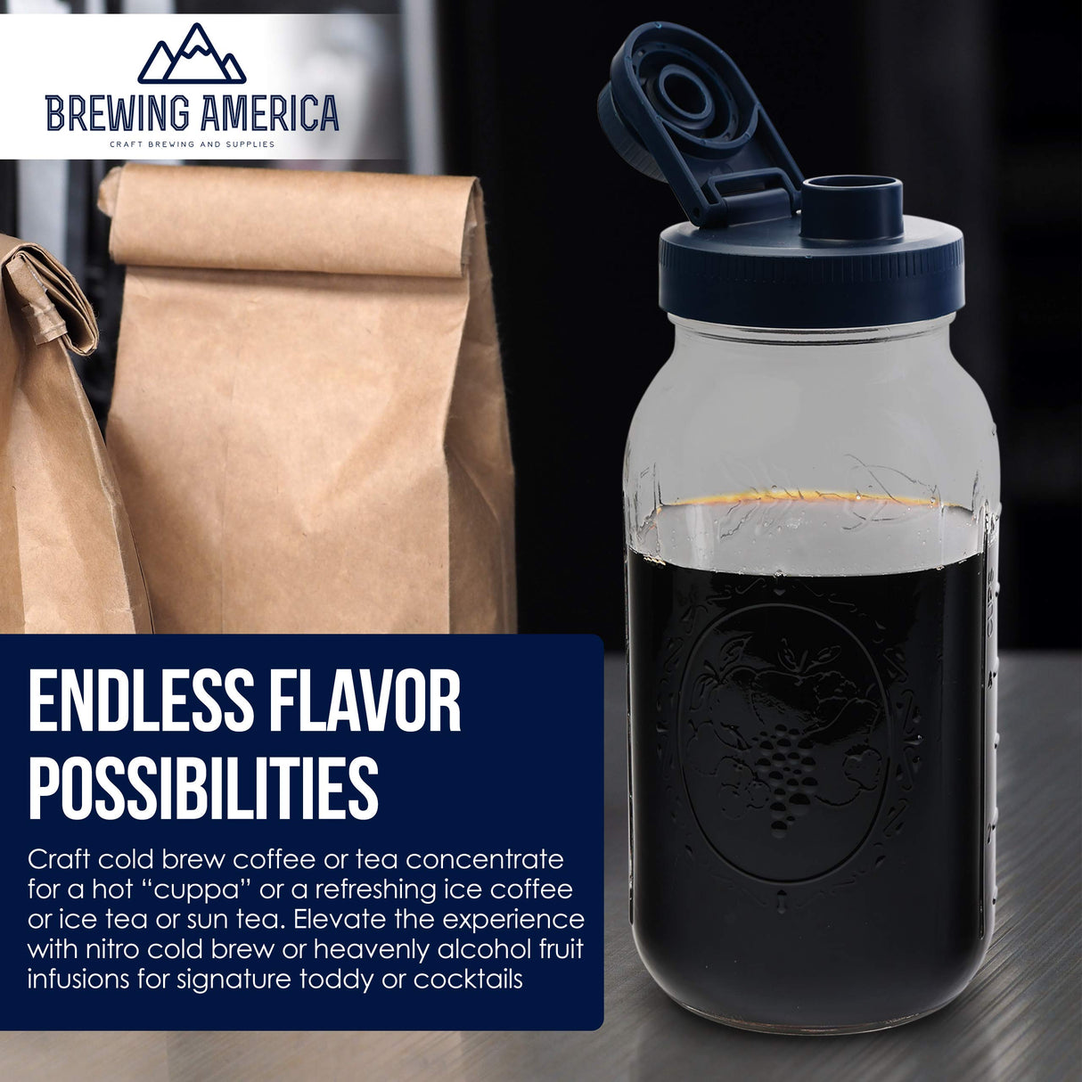 Brewing America Mason Jar Cold Brew Coffee Maker Infuser: Made in USA Wide Mouth Mason Jar with Screw Top Pour and Drinking Lid, Stainless Steel Filter - Coffee, Tea, Alcohol - 2 Quart 64 oz Blue Lid