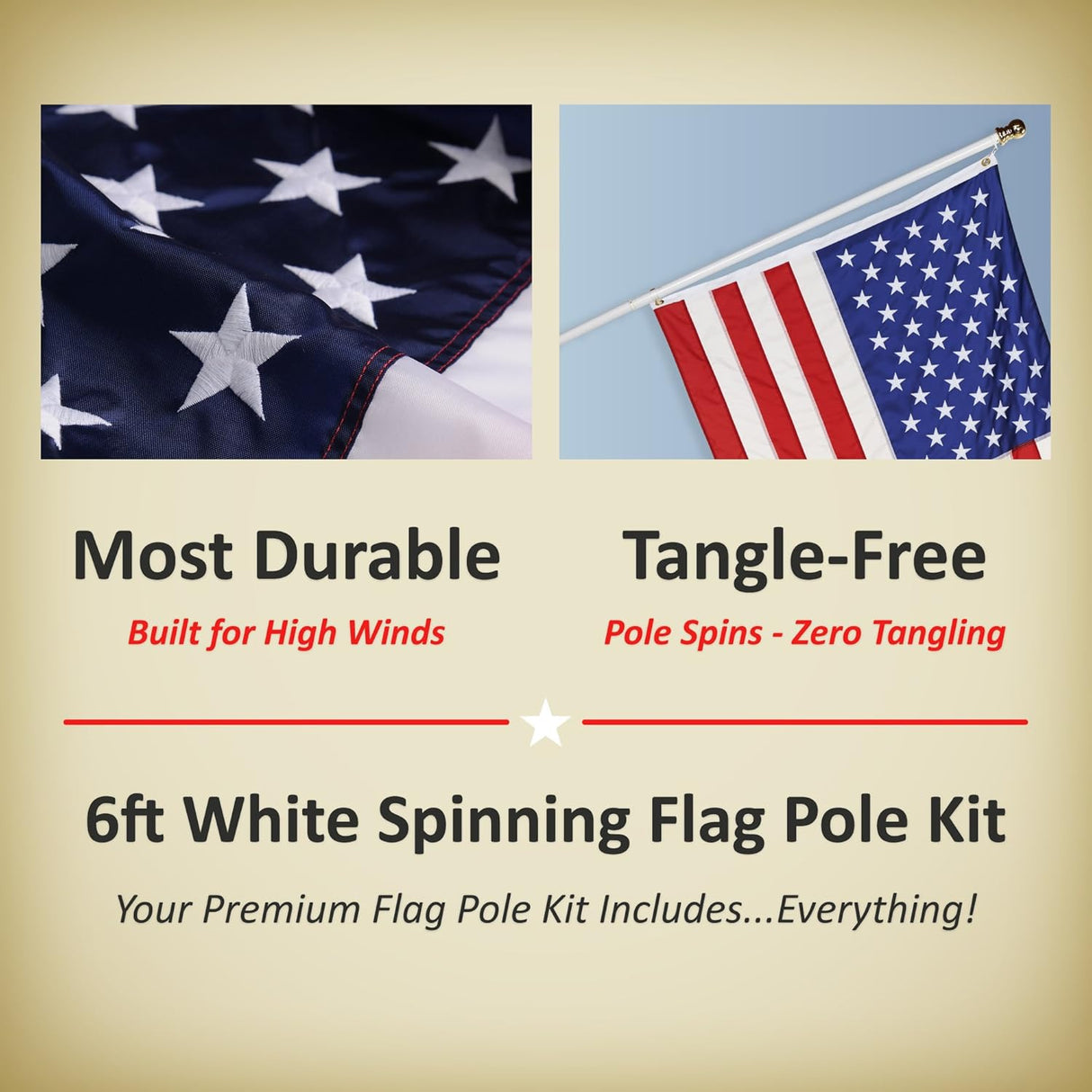 American Flag and Pole Set - 3x5 US Flag and 5' Spinning Flag Pole, Durable for Outdoors - Made in USA
