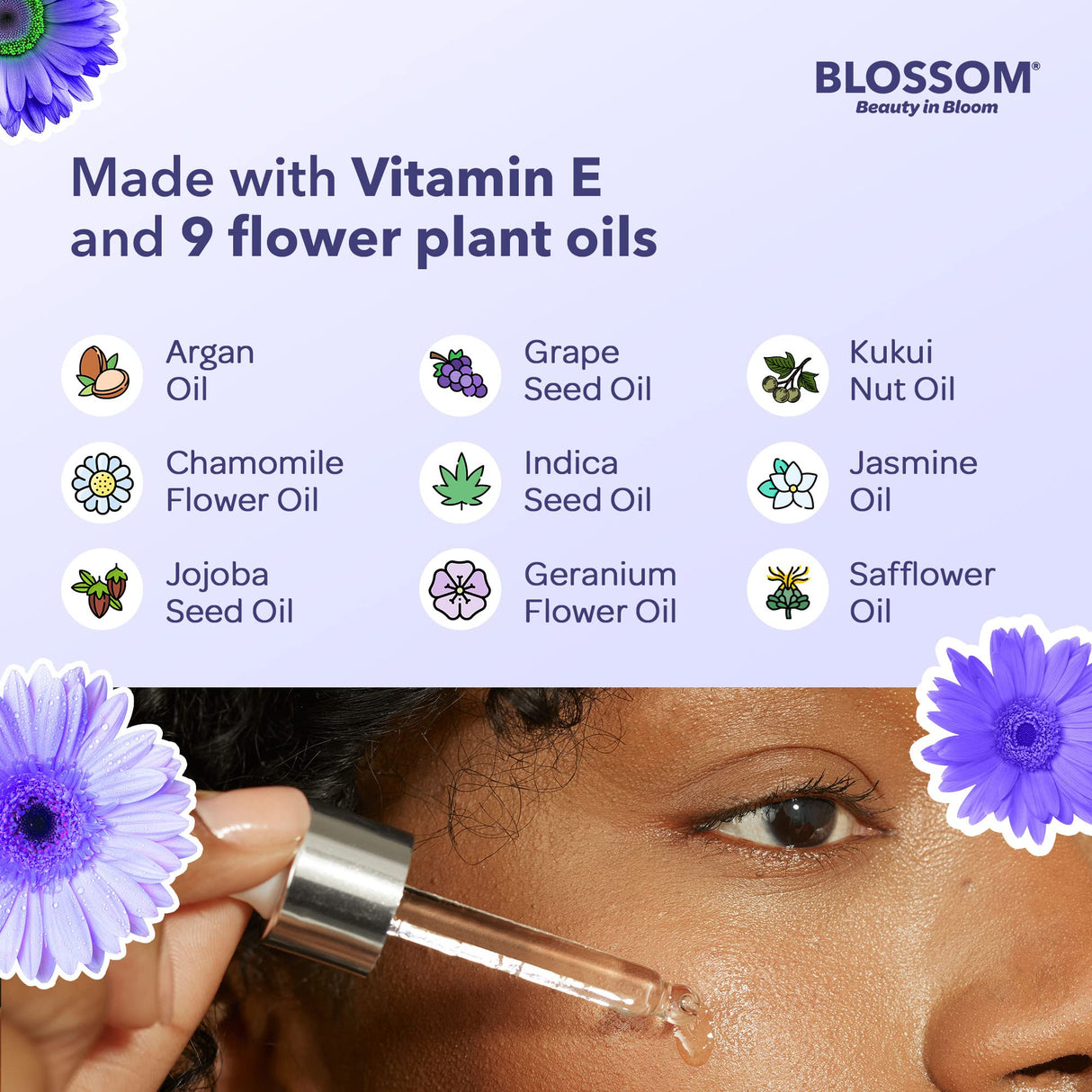 Blossom Unscented All Natural, Vegan, Cruelty Free Face Oil with Vitamin E, Infused with Real Flowers, Made in USA, 1 fl. oz., Spring Bouquet