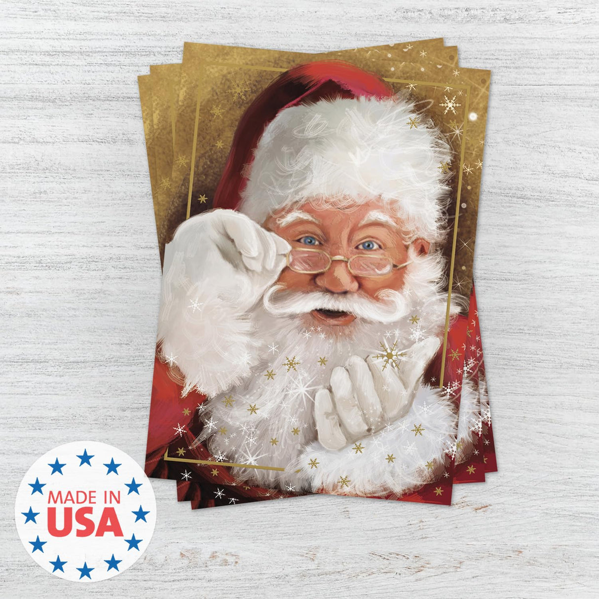 Masterpiece Sparkling Santa Christmas Cards / 16 Festive Holiday Cards Set With White Envelopes / 5 5/8" x 7 7/8" Winter Gold Foil Greeting Cards With Inside Verse/Made In The USA