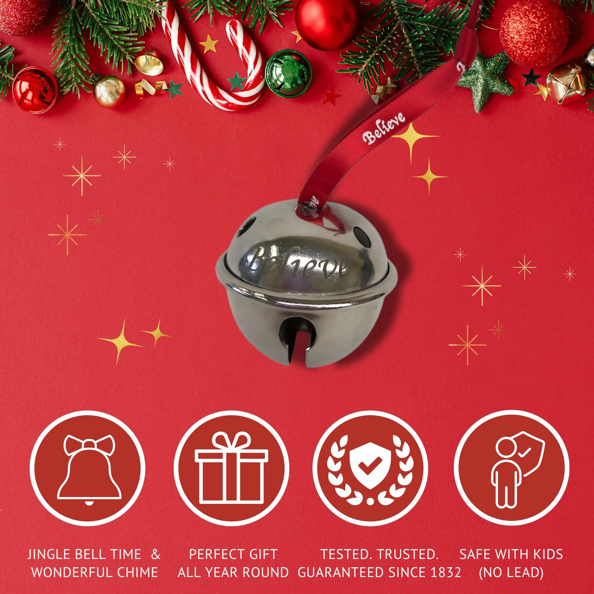 Bevin Bells Believe Sleigh Bells Ornament (3-Pack) | 1.5" Made of Steel | Hanging Bells with a Red Satin Believe Ribbon | Great Tone | Xmas Gift or Stocking Stuffer | Made in The USA