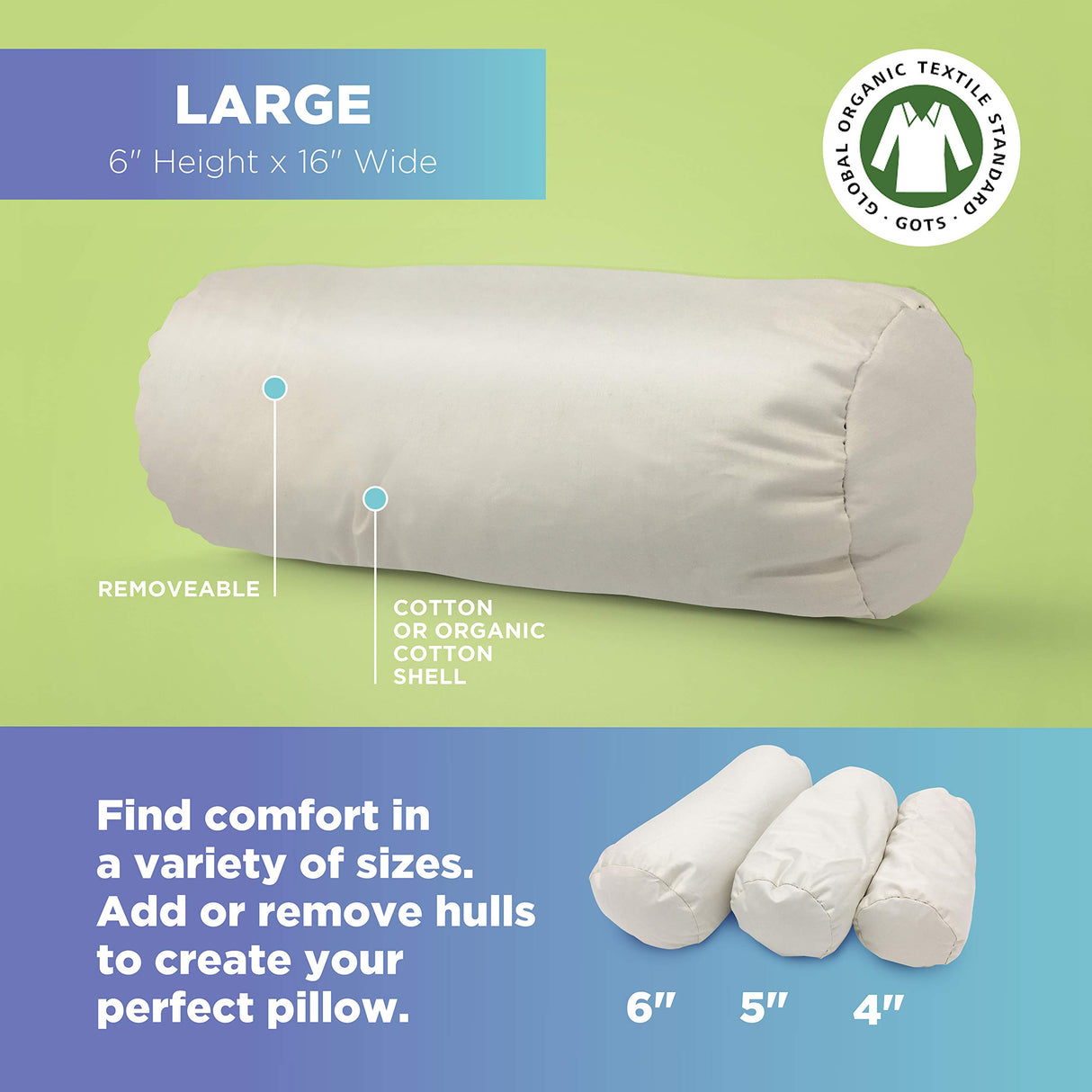 Bean Products Neck Roll Organic Kapok Pillow - 6" x 16" - Organic Cotton Zippered Shell - Made in USA