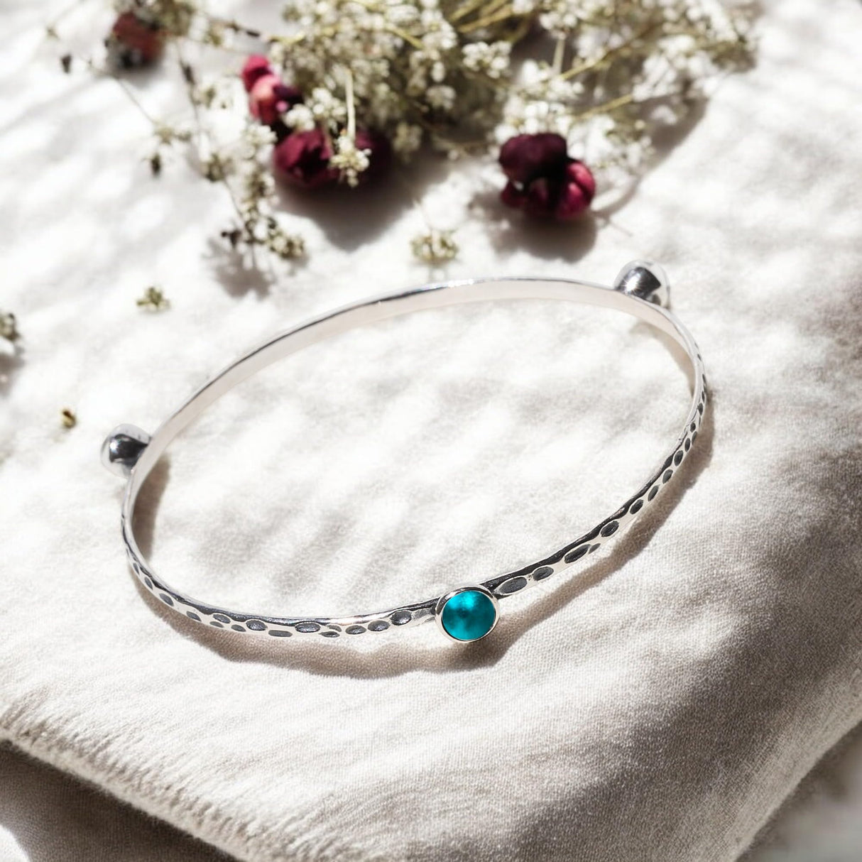 Bottled Up Designs Handmade Bangle Stacking Bracelet, Recycled Vintage Glass, Sterling Silver, Eco Friendly, Made in USA, Birthday Gifts, Mothers Day, Women (Cobalt 1960s Skin Cream Jar)