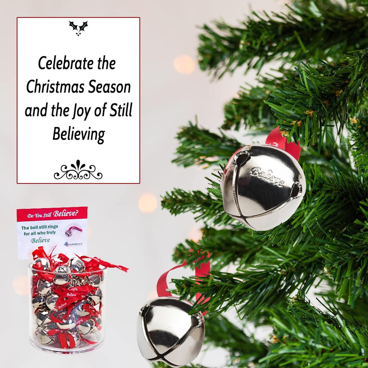 Bevin Bells Believe Sleigh Bells Ornament (3-Pack) | 1.5" Made of Steel | Hanging Bells with a Red Satin Believe Ribbon | Great Tone | Xmas Gift or Stocking Stuffer | Made in The USA