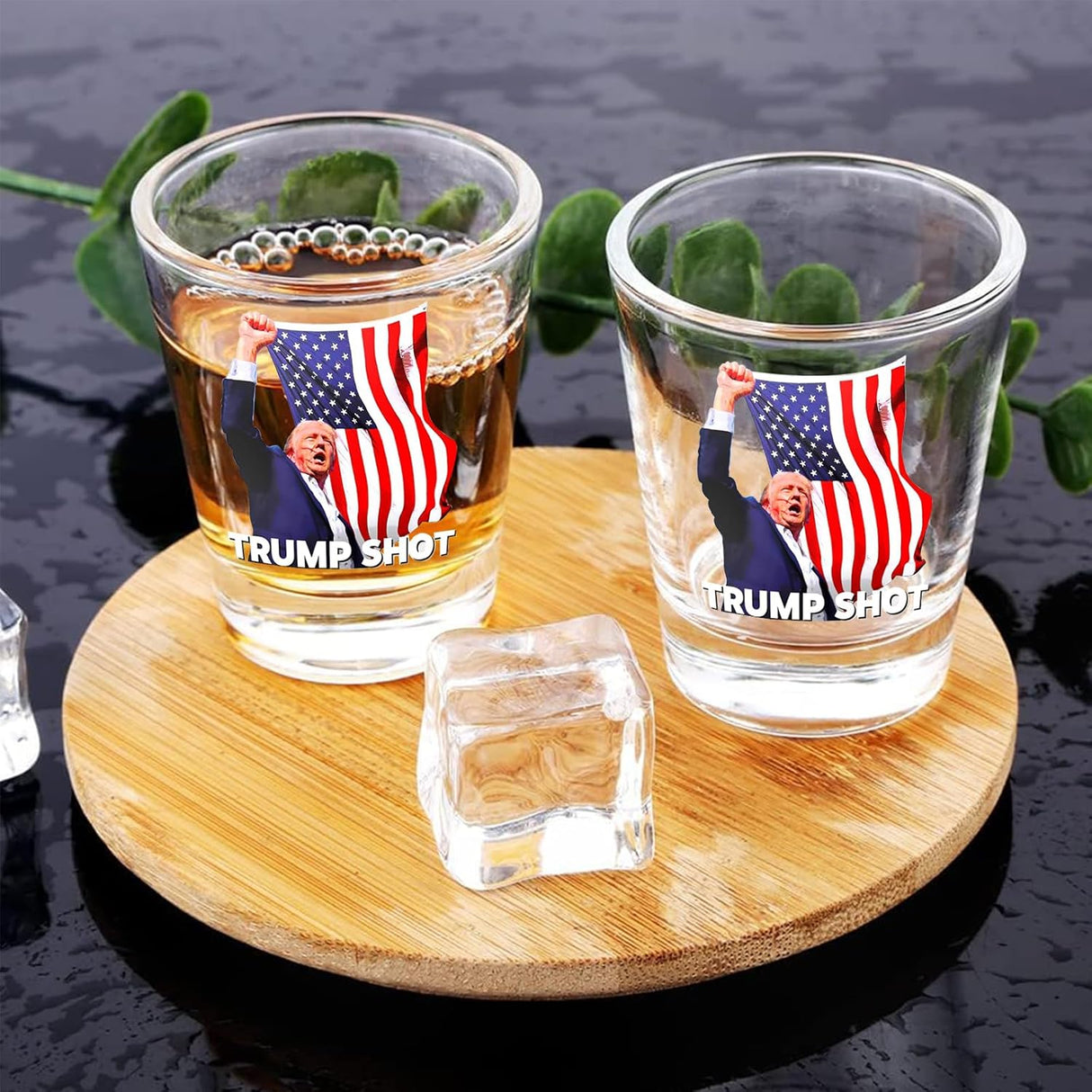 Trump Shot Glass - 4Pc Set with Assassination Picture & Fist Pump, Perfect for Political Enthusiasts, Collectible for Trump 2024 - Holds 1.70 oz, Exclusive Limited Edition Design
