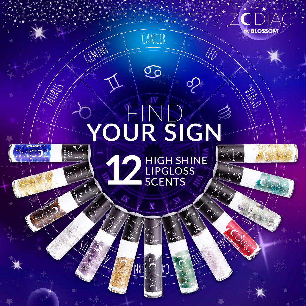 Blossom Zodiac Sign Roll-On Lip Gloss, Vanilla Scented + Moisturizing with Crystals, Made in USA, 0.20 fl. oz./5.9ml, Aquarius