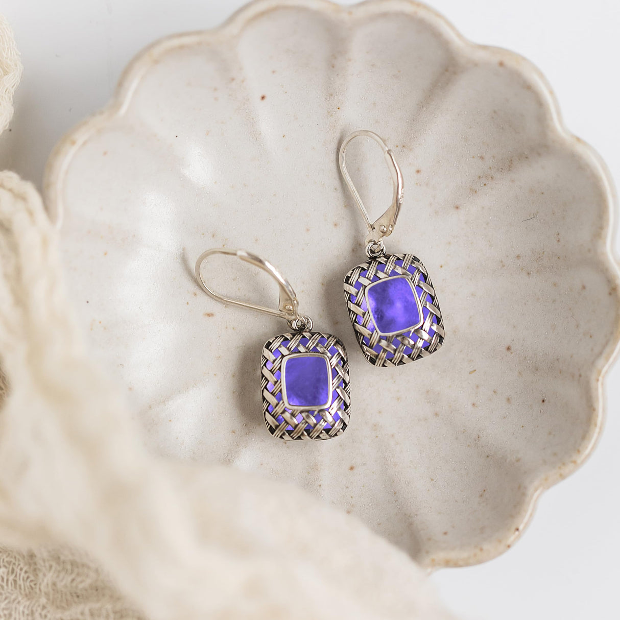 Bottled Up Designs Handmade Vintage Quilted Square Leverback Earrings, Sterling Silver, Eco Friendly, Made in USA, Birthday Gifts, Mothers Day, Women (Cobalt)