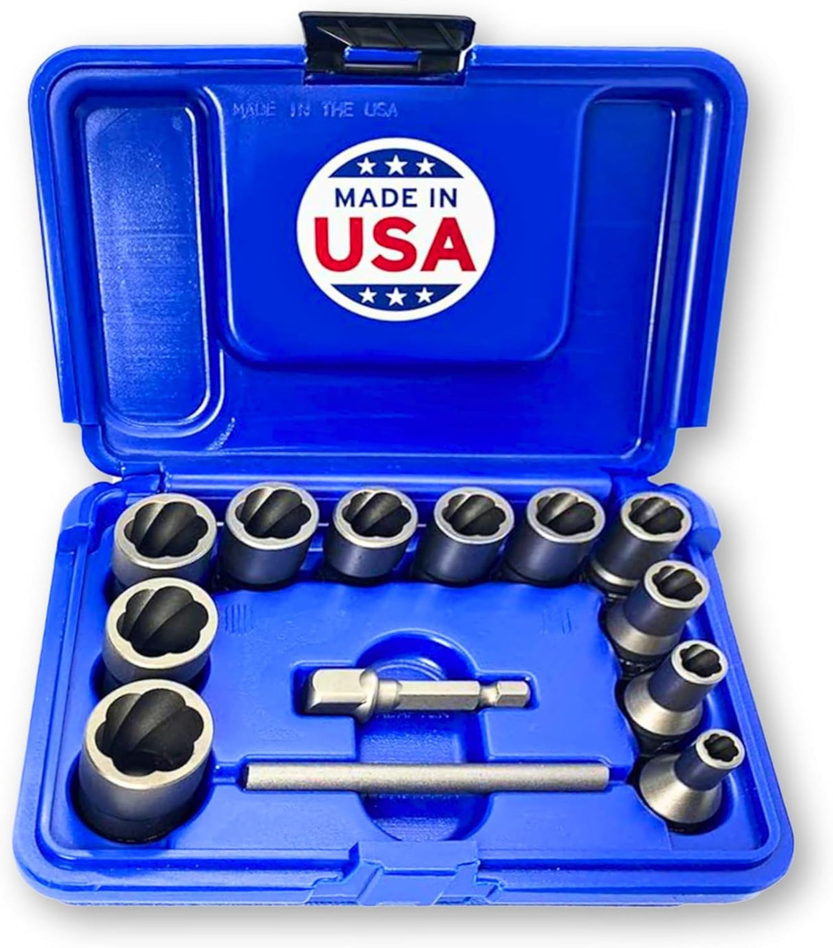 13 Piece Bolt Extractor Set | Made in USA Turbo Sockets for Stripped, Rounded, Frozen Bolts & Nuts | ⅜” Drive Impact Grade Lug Nut & Bolt Remover Kit | Nut Extractor Socket Set