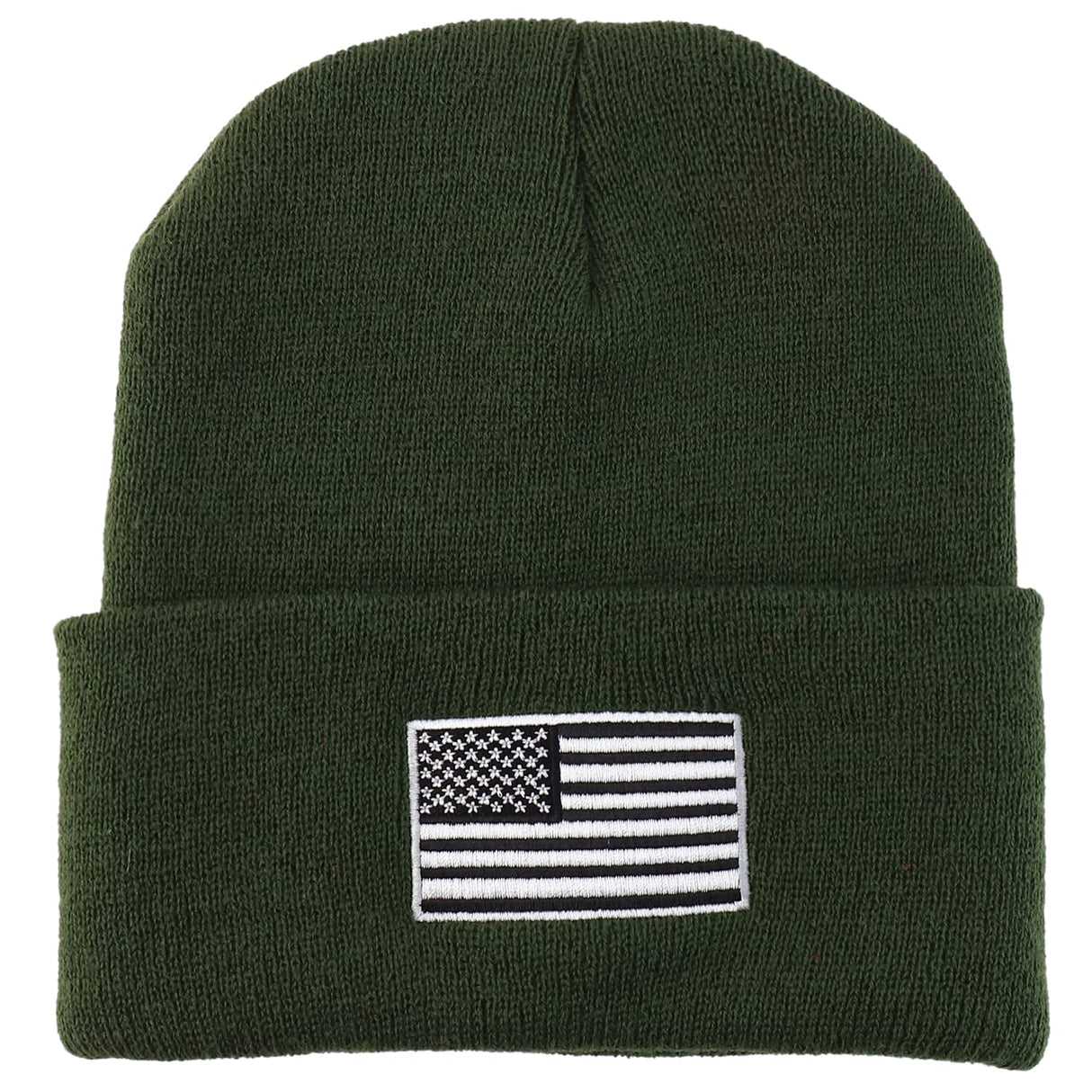 Made in USA Grey American Flag Embroidered Knit Cuff Long Beanie