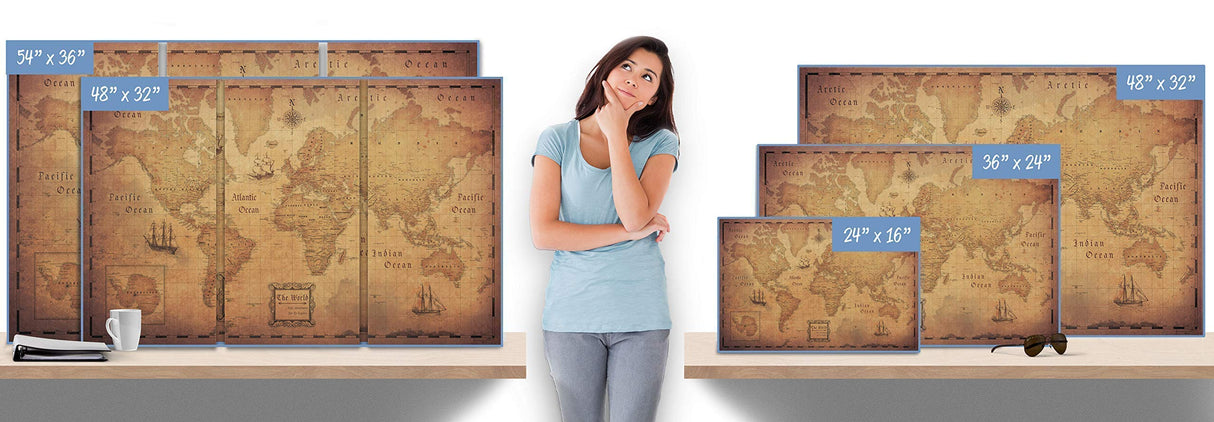 Push Pin World Map Board - With Push Pins to Mark World Travel - Handmade in Ohio, USA - Design: Golden Aged (48" x 32")
