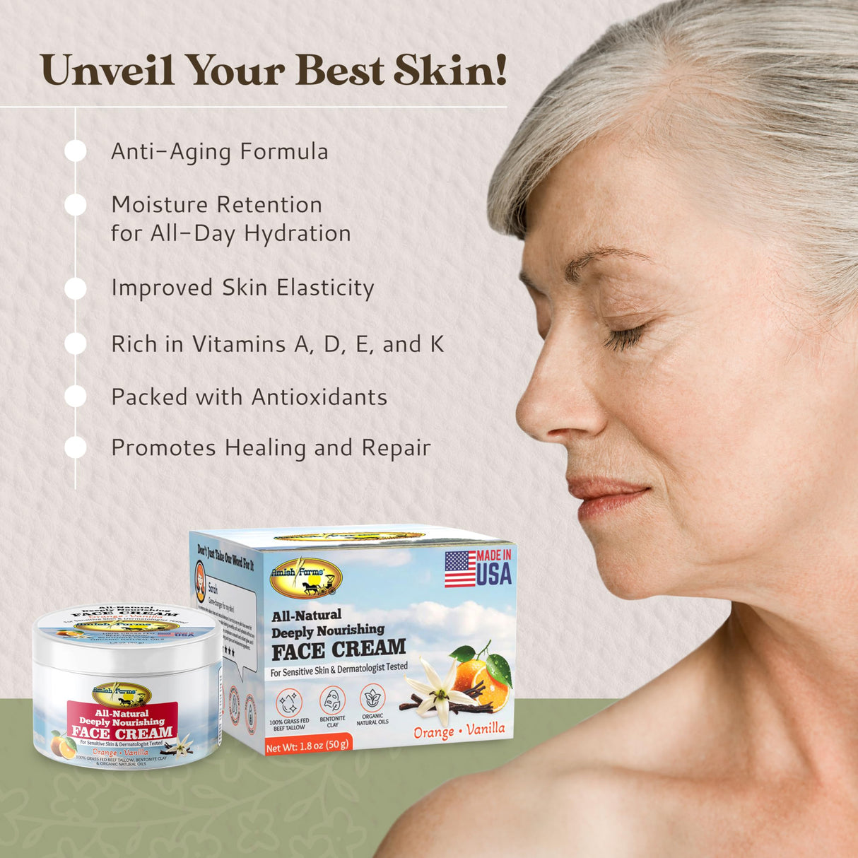 Amish Farms Tallow Face Cream - Handcrafted Beef Tallow for Skin Moisturizer Infused with Natural Ingredients, Orange & Vanilla Oils, 100% Grass-Fed Beef Tallow for Hydrated & Radiant Skin (50g Jar)