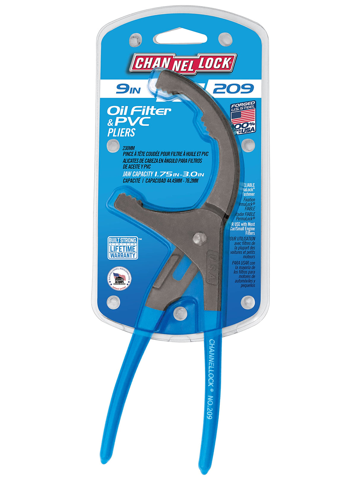 CHANNELLOCK 209 9-inch Oil Filter/PVC Pliers | Made in USA | 1.75 to 3-inch Jaw Capacity | Forged High Carbon Steel | Ideal for Engine Oil Filters, Conduit, and Fittings