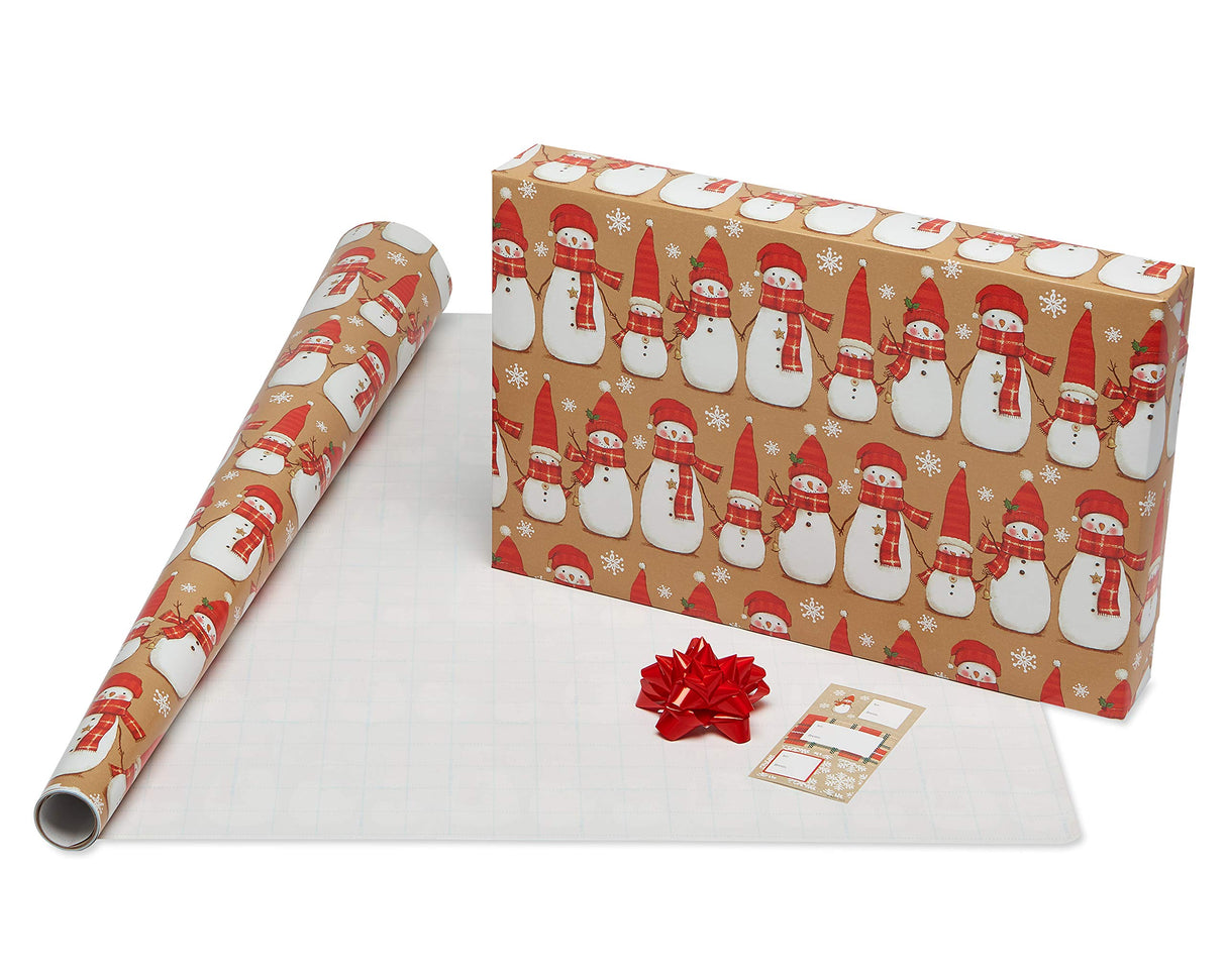 American Greetings 120 sq. ft. Christmas Wrapping Paper Set, Tan, Plaid, Snowman and Christmas Text (4 Rolls 30 in. x 12 ft., 7 Bows, 30 Gift Tags)