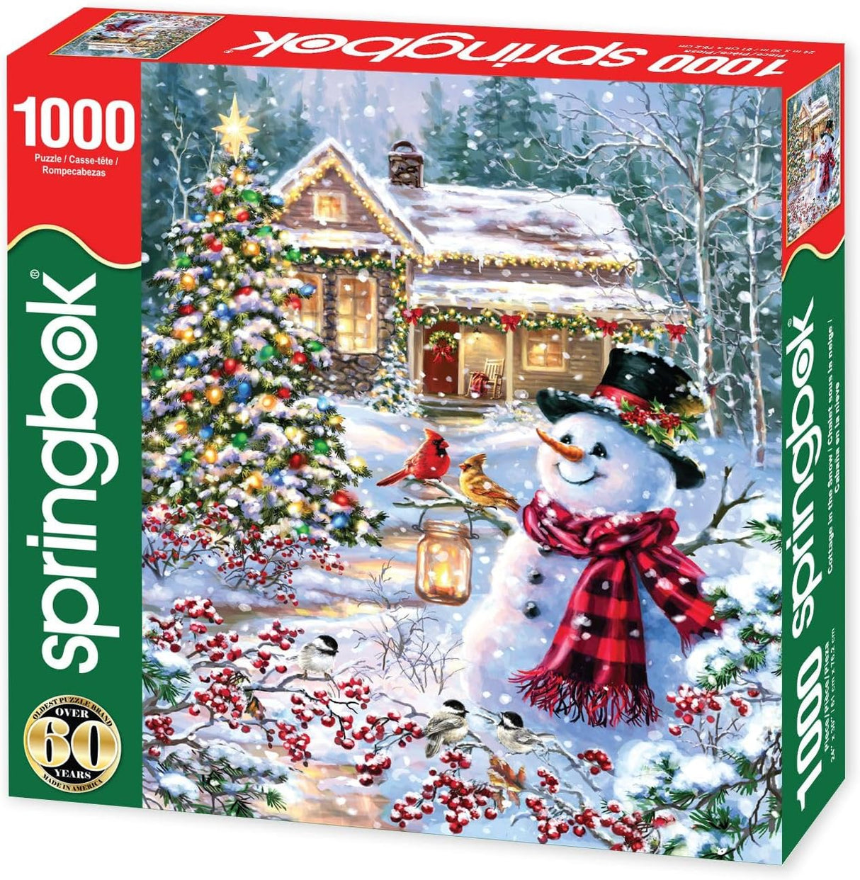 Springbok - Cottage in The Snow - 1000 Piece Jigsaw Puzzle- Holiday Winter Scene with Snowman and Cardinals