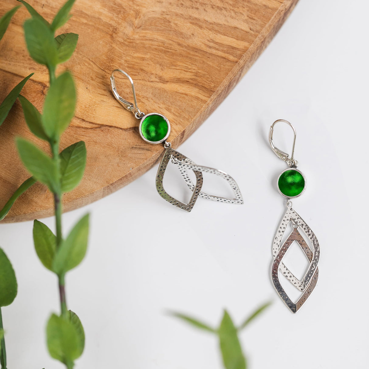 Bottled Up Designs Handmade Recycled Antique Glass and Sterling Silver Cascade Earrings (Olive Wine Bottle)