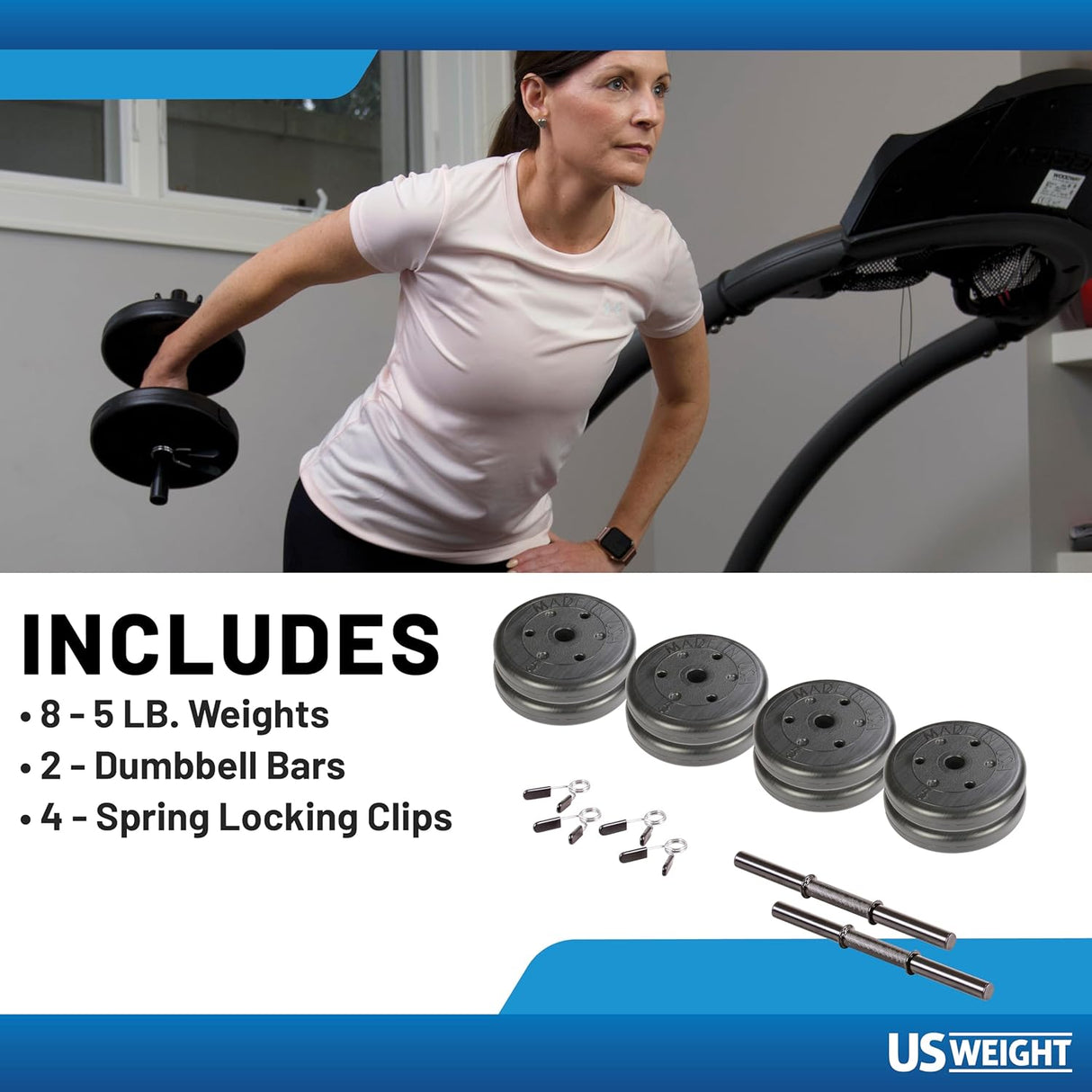 US Weight Adjustable 42LB Dumbbell Set with Spring Clips, 14" Knurled Bars – Made in USA, Essential Home Gym Equipment for Strength Training