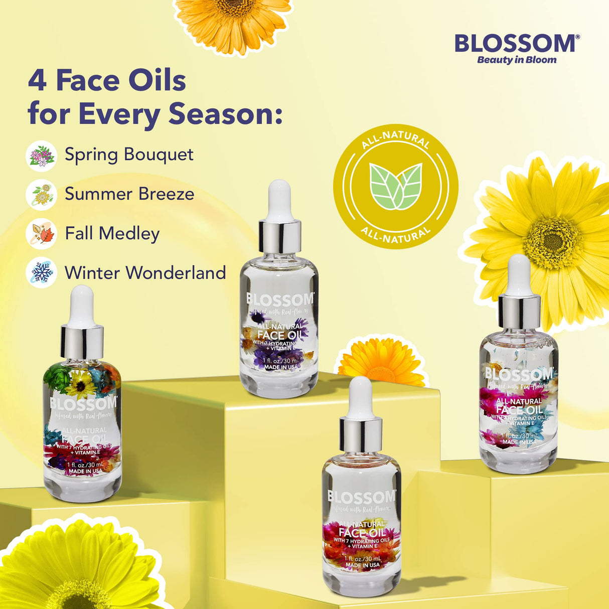 Blossom Unscented All Natural, Vegan, Cruelty Free Face Oil with Vitamin E, Infused with Real Flowers, Made in USA, 1 fl. oz., Spring Bouquet