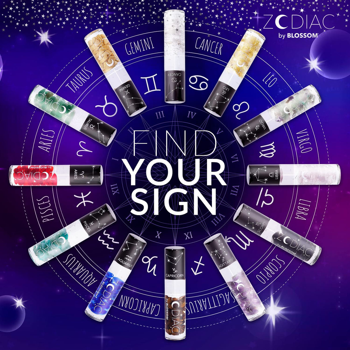 Blossom Zodiac Sign Roll-On Lip Gloss, Vanilla Scented + Moisturizing with Crystals, Made in USA, 0.20 fl. oz./5.9ml, Aquarius