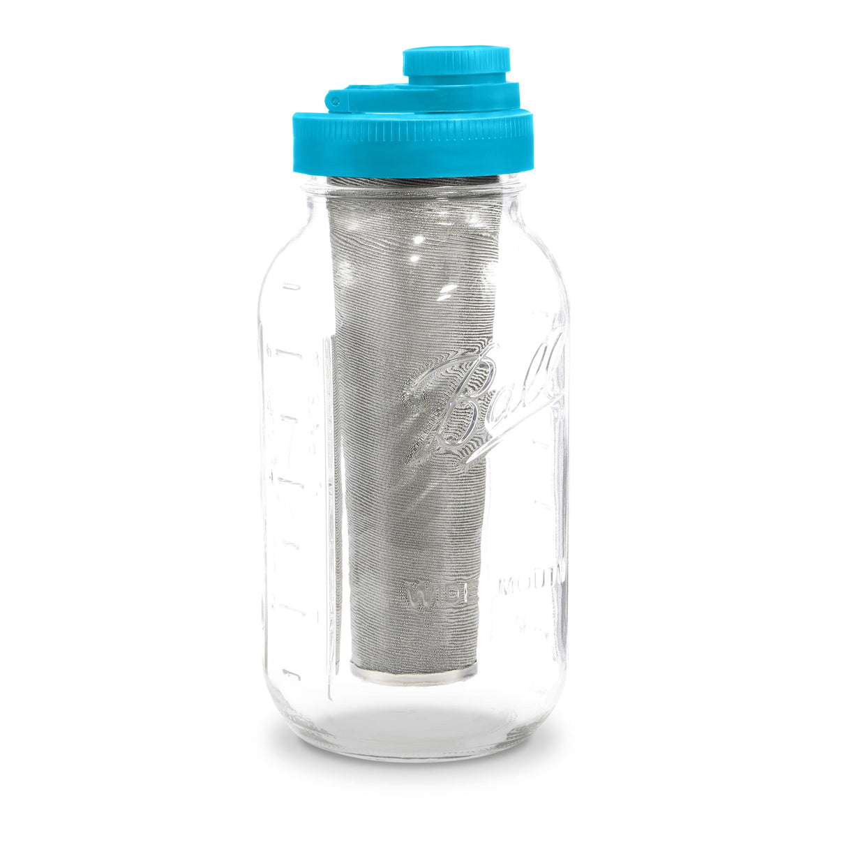 Brewing America Mason Jar Cold Brew Coffee Maker Infuser: Made in USA Wide Mouth Mason Jar with Screw Top Pour and Drinking Lid, Stainless Steel Filter - Coffee, Tea, Alcohol - 2 Quart 64 oz Blue Lid